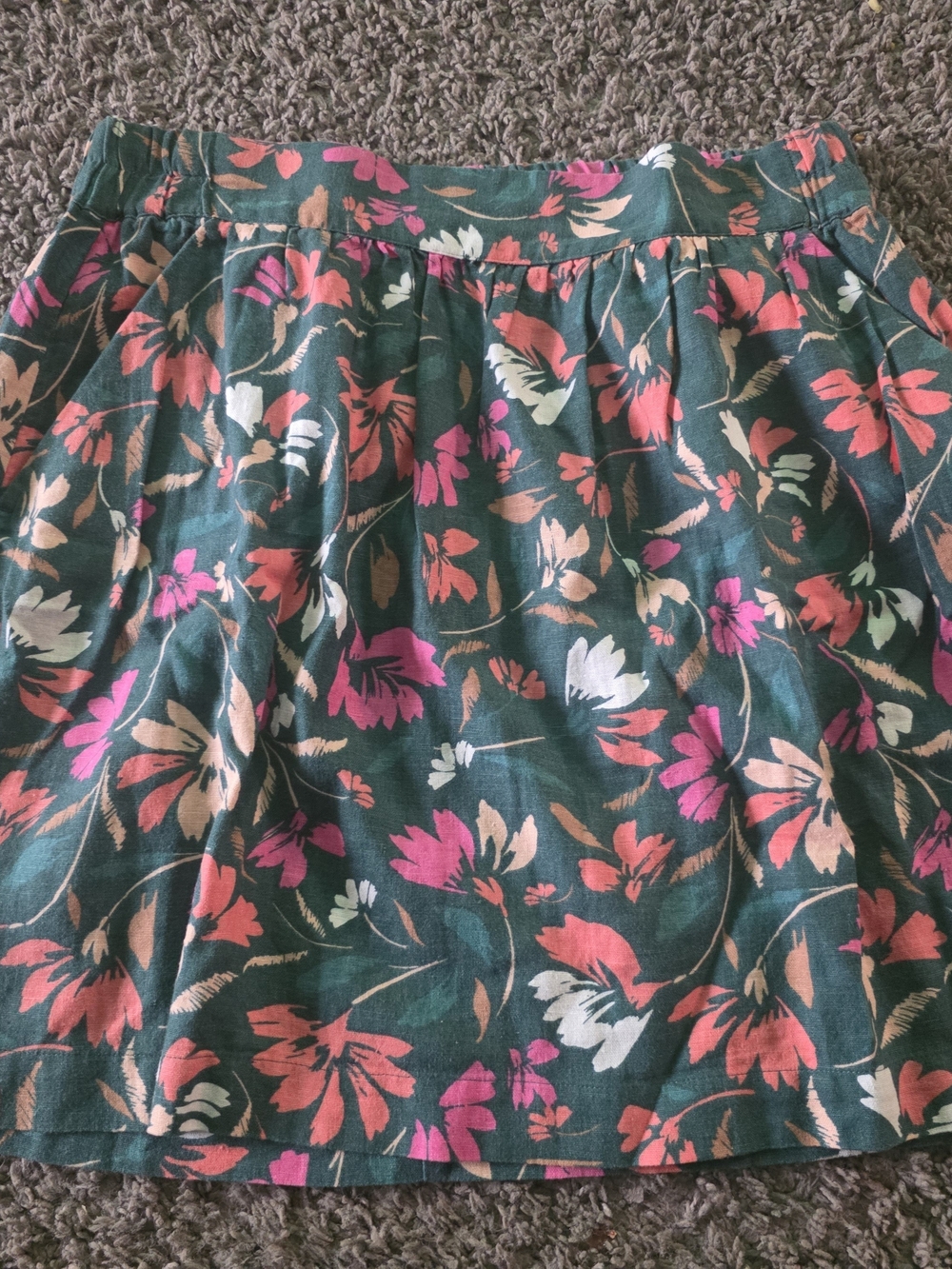 LOFT Green Floral Circle Skirt with Pink & Coral Blooms